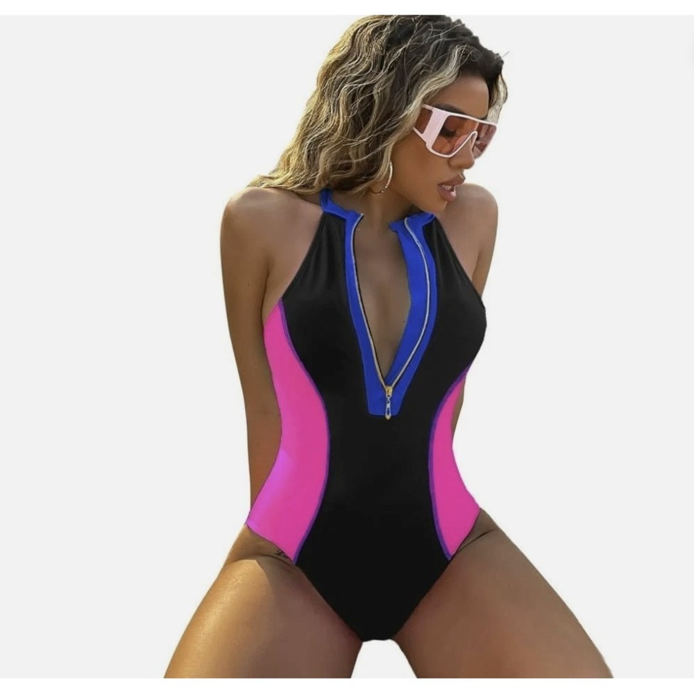 BIKINX XL Women One Piece Surfing Tummy Control Swimsuits High Neck Zip NWT